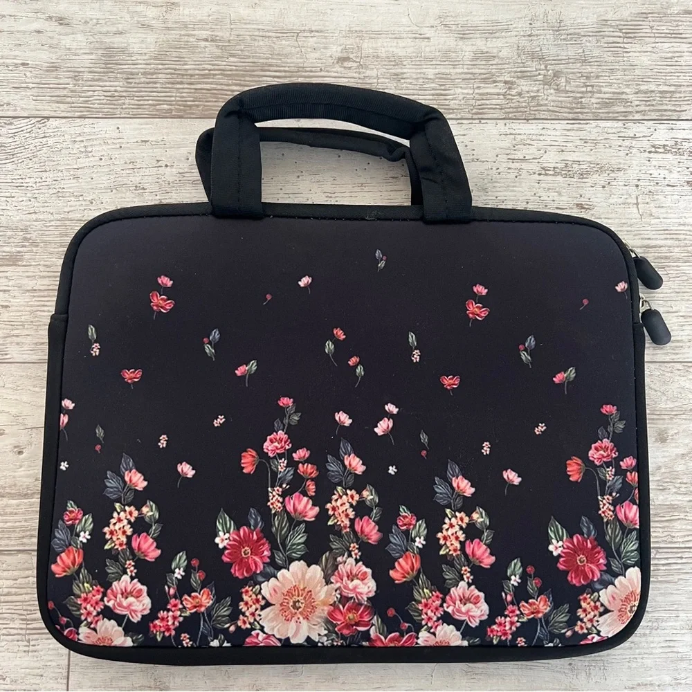 Floral Black Neoprene Laptop Sleeve Bag 15.6